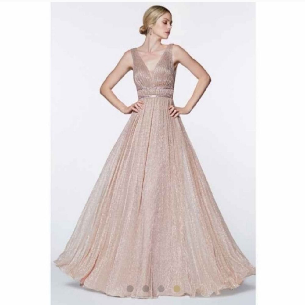 NWOT Cinderella Divine Metalic Gown With Beaded Banded Belt And V-Neckline 18
